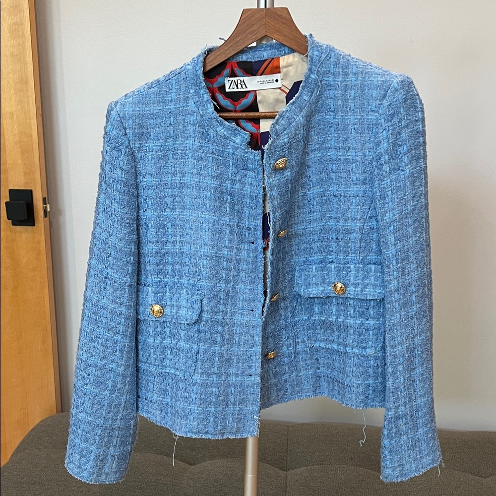Zara Women's Light Blue Tweed Blazer with Gold Buttons